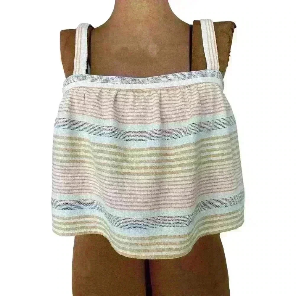 Kaisely Women's Size MED Cropped 100% Cotton Striped Yellow Pink Straps - Picture 2 of 8